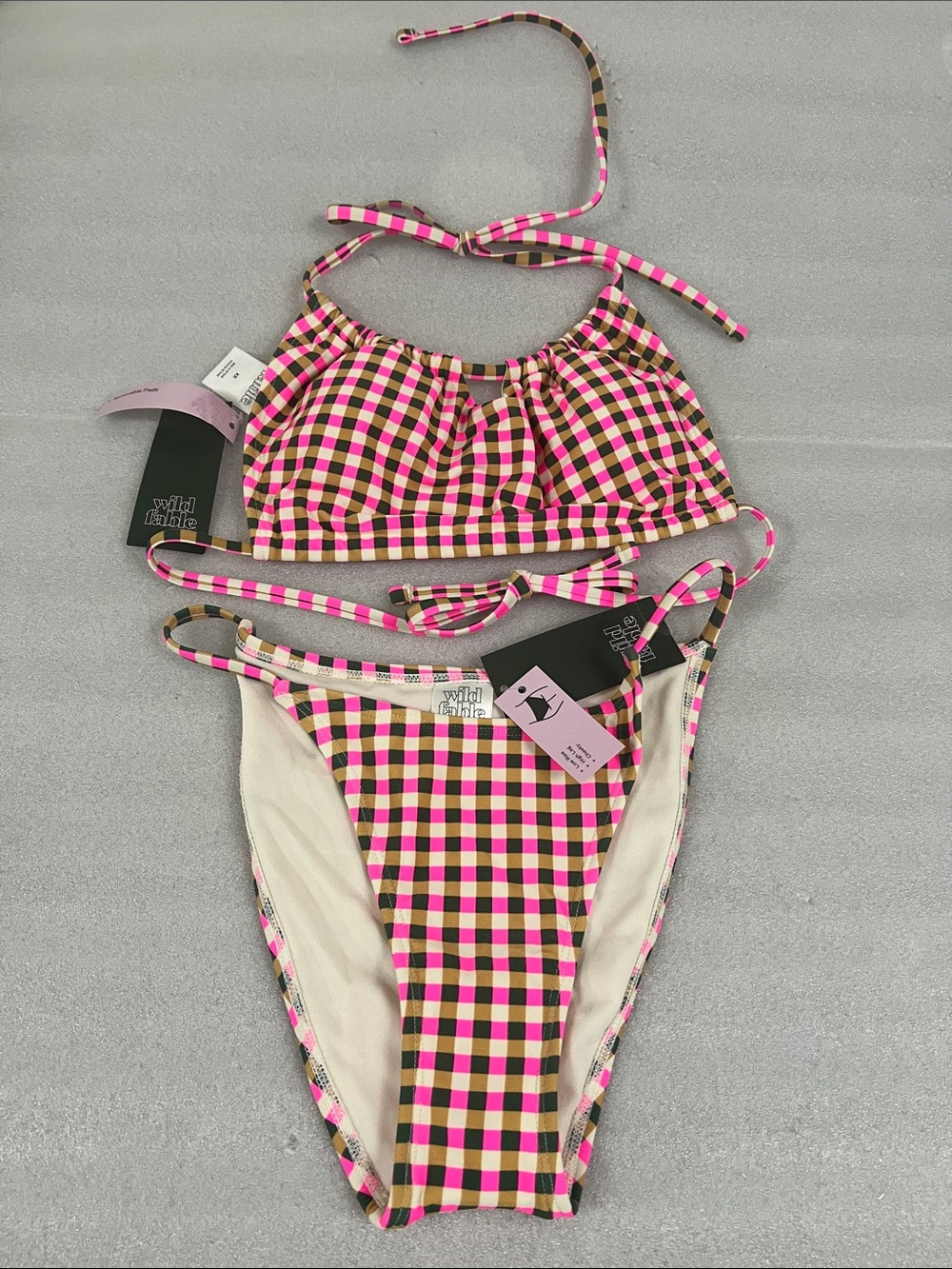 Wild Fable Pink Green & Cream Gingham Two-Piece Bikini Set Size XS